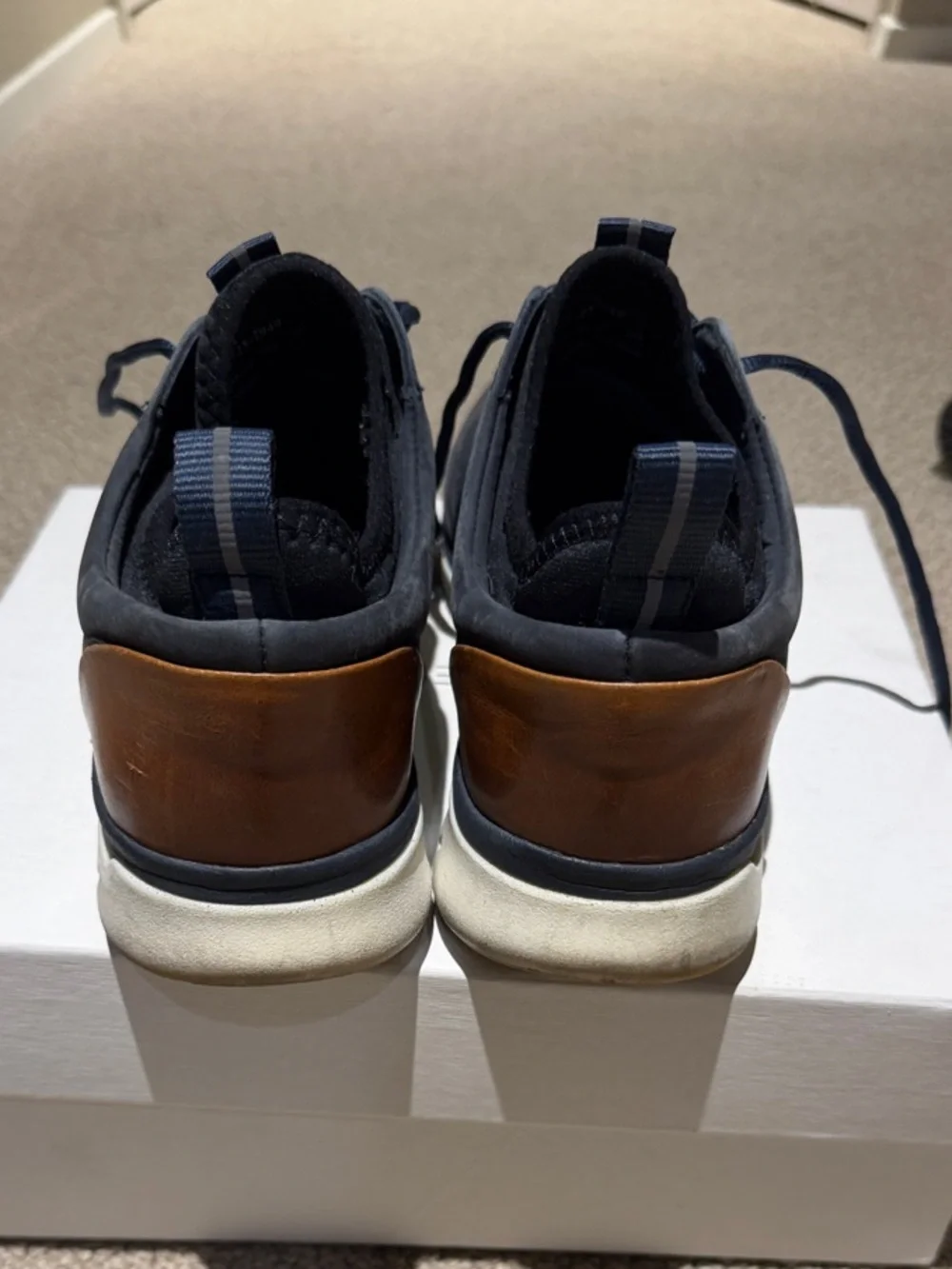 Johnson Murphy  Navy Suede Lace-Up with Brown Heel Accent